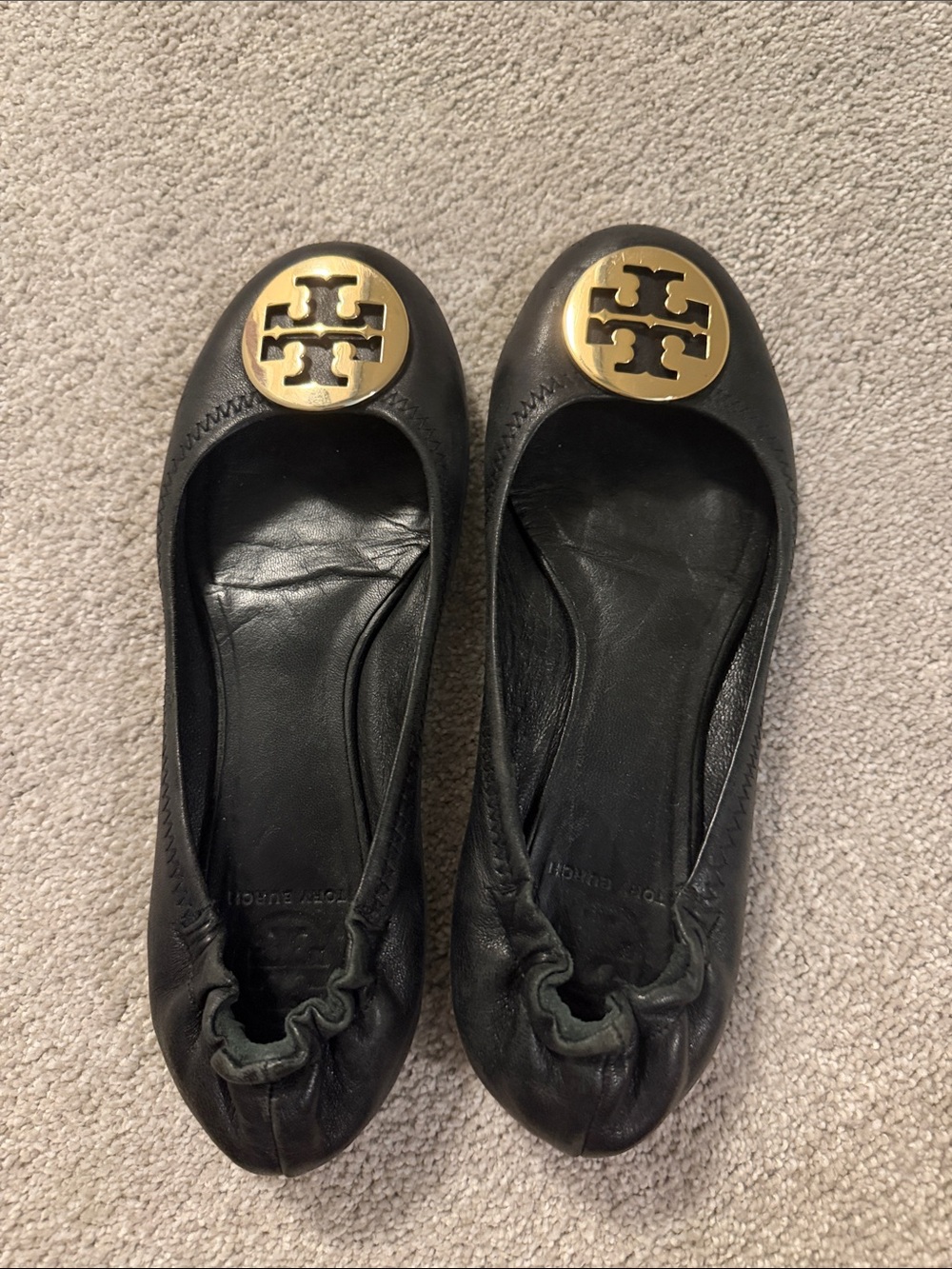 Tory Burch Black Leather Ballet Flats with Gold Logo Medallion